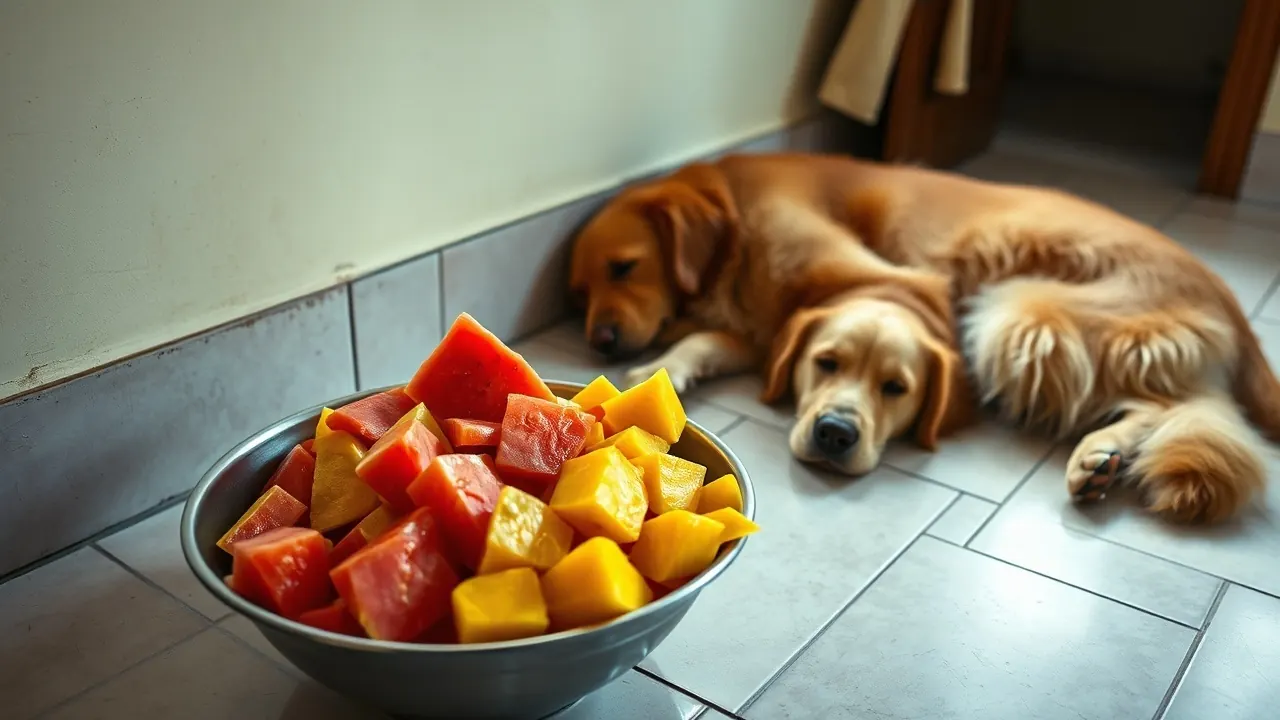 Steel bowl of cubed mango and watermelon on a tiled floor beside a resting golden retriever