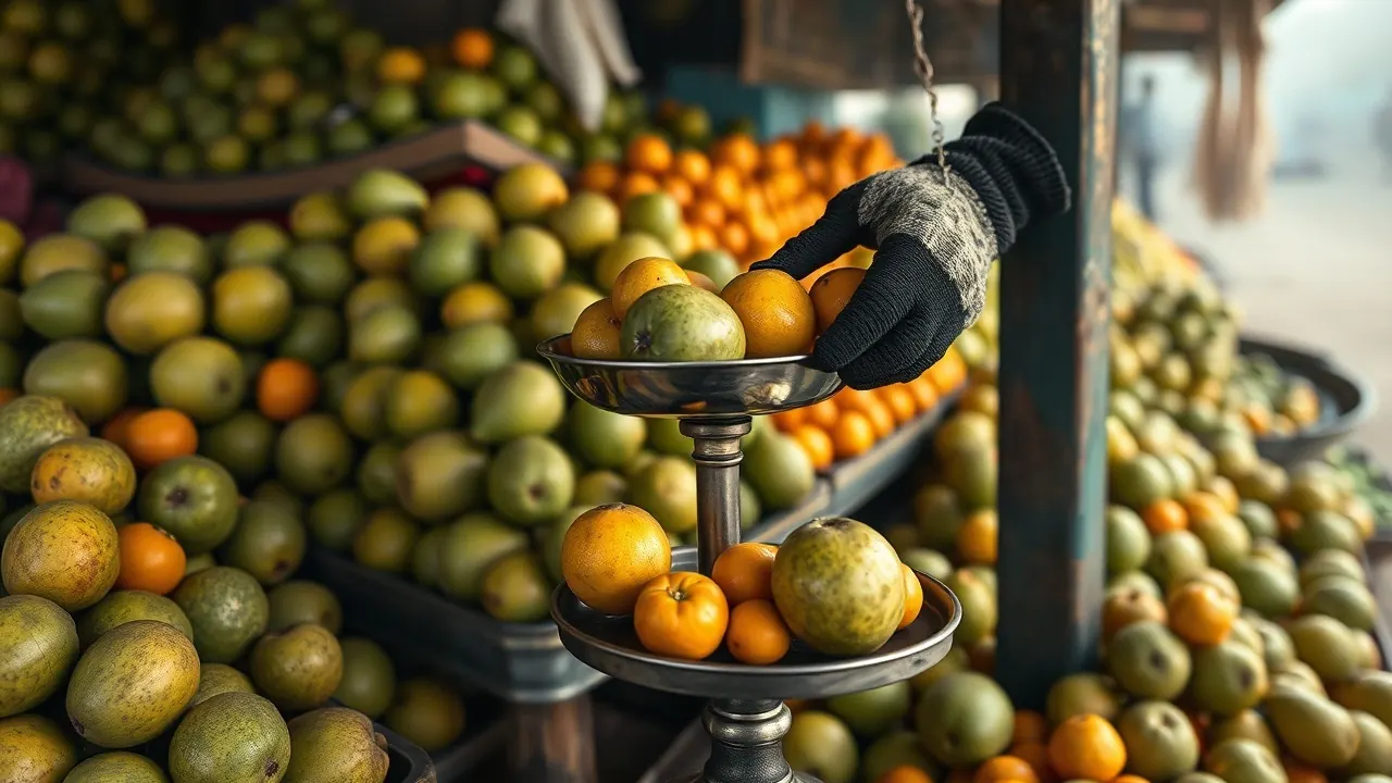Market stall with heaps of guavas, amla and kinnow oranges and a vendor's hands weighing guavas