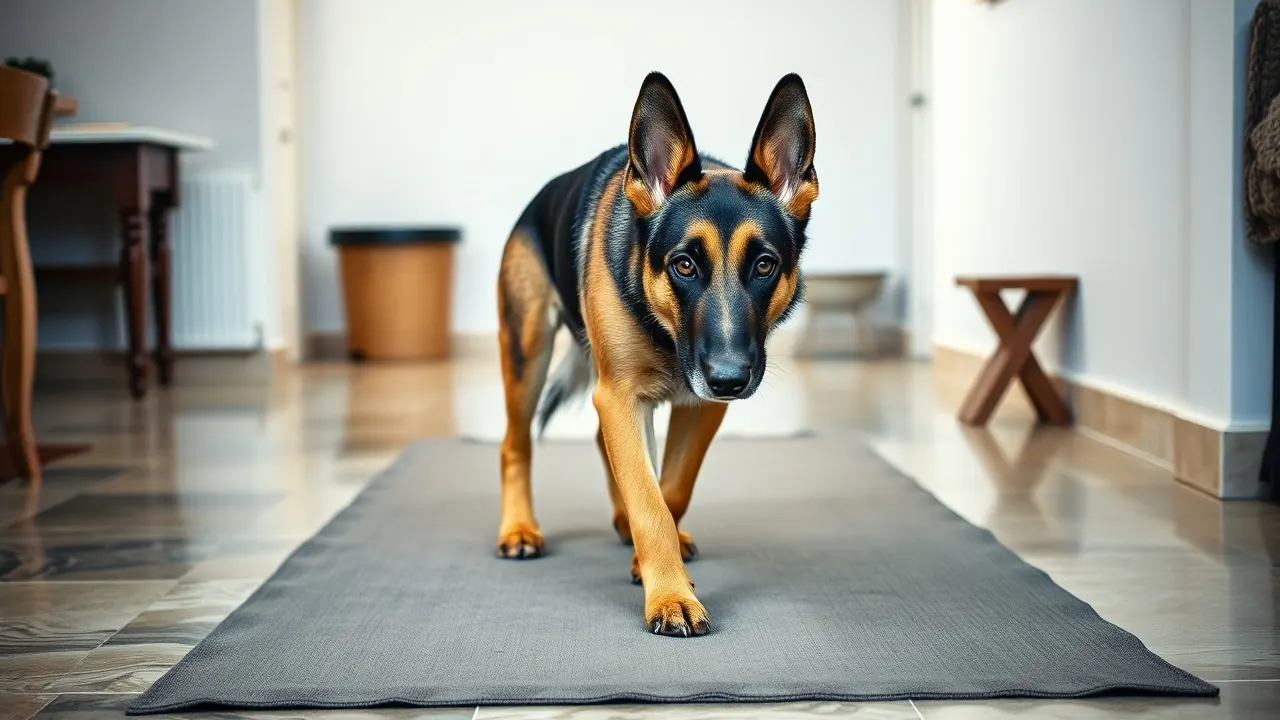Older German Shepherd with a grey muzzle walking on a runner in an Indian flat, well past senior dog age