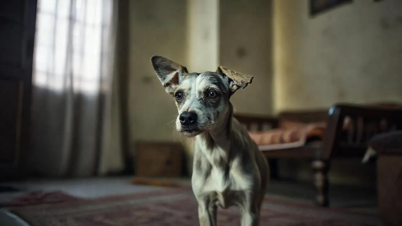 Elderly small dog with a grey face facing a wall at night, a sign owners notice after senior dog age