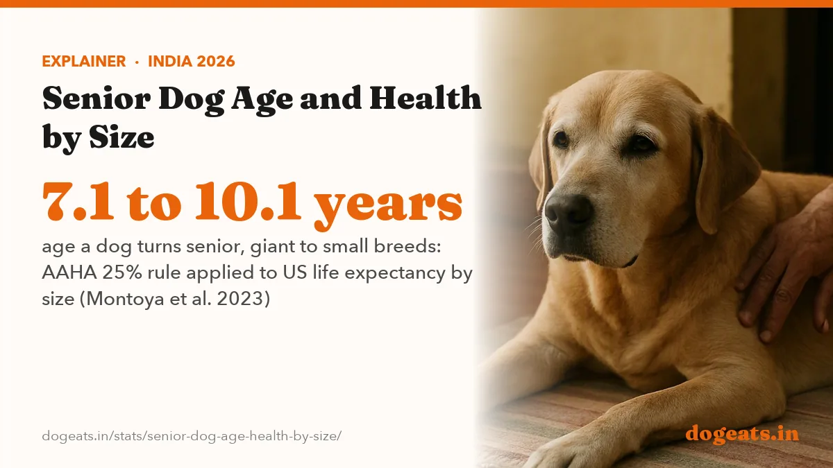 7.1 to 10.1 years age a dog turns senior, giant to small breeds: AAHA 25% rule applied to US life expectancy by size (Montoya et al. 2023)