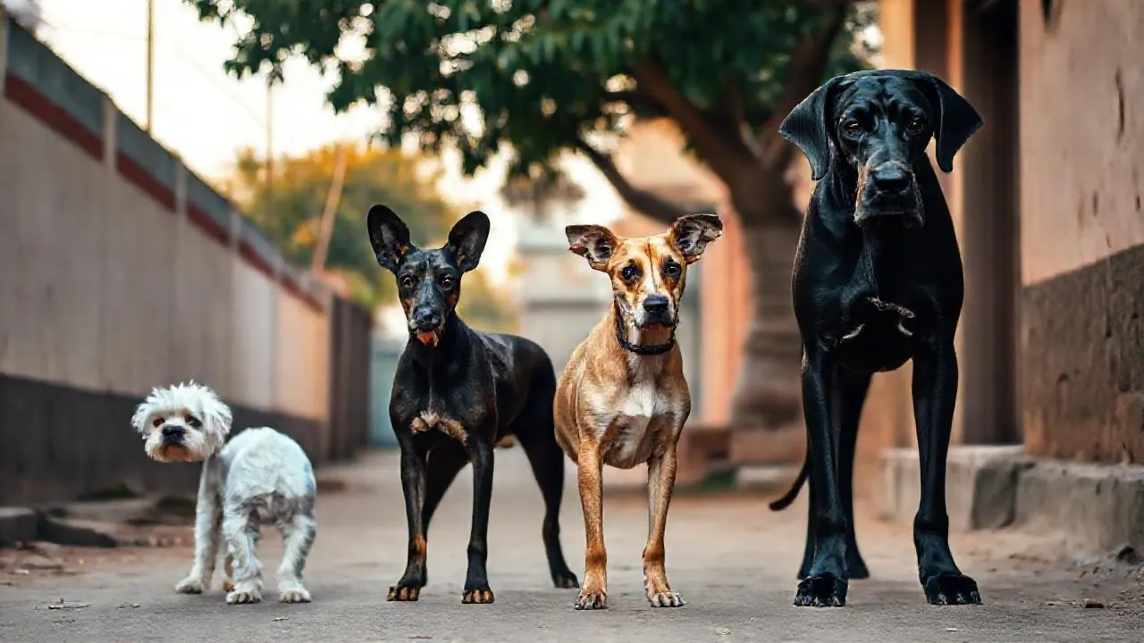 Shih Tzu, Indian Pariah dog and Great Dane side by side in a lane, showing senior dog age by size