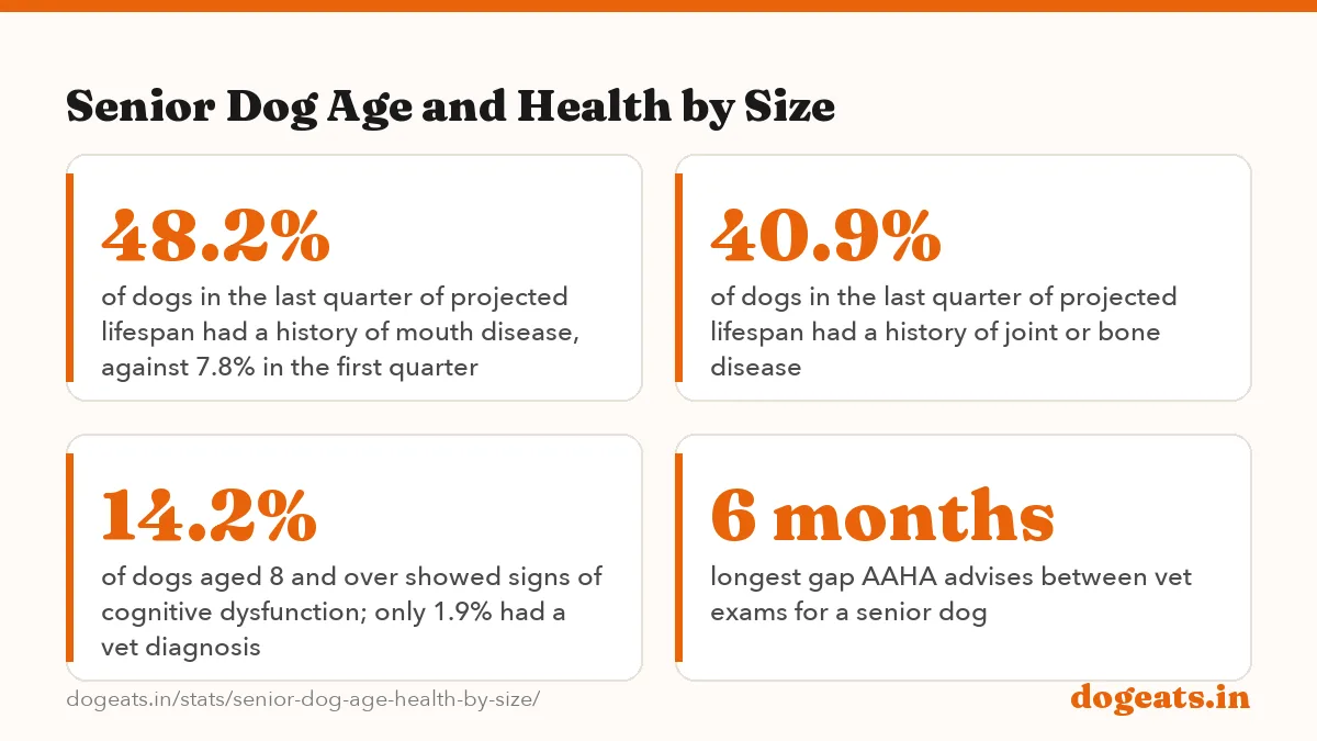 Senior Dog Age and Health by Size: 7.1 to 10.1 years age a dog turns senior, giant to small breeds: AAHA 25%