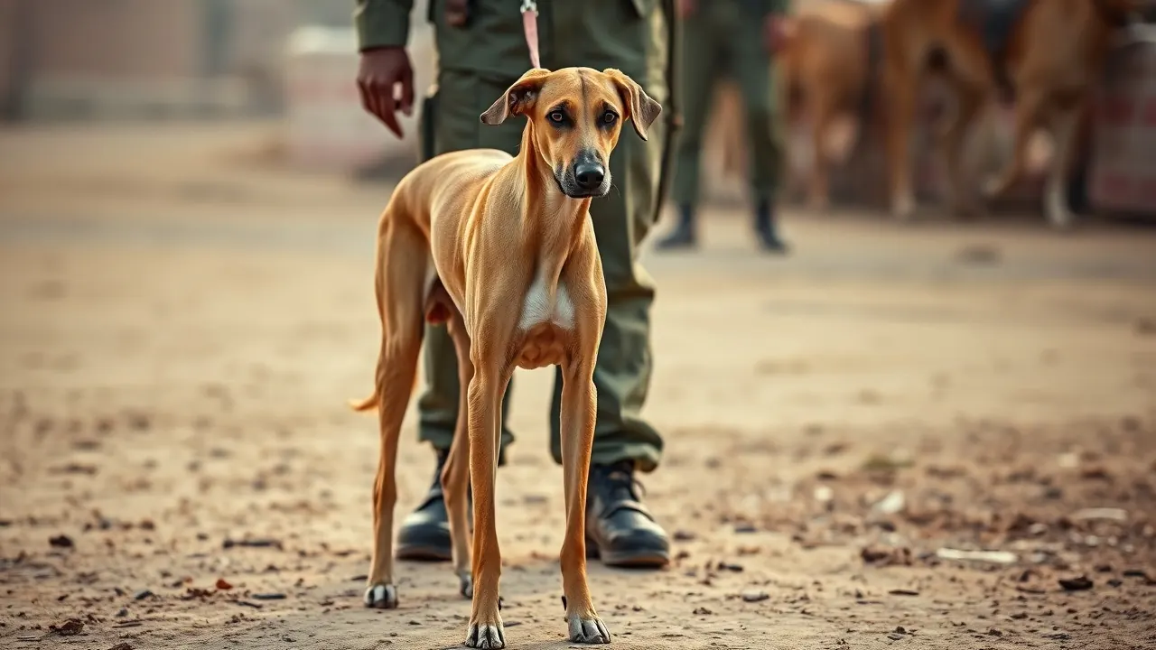 A lean fawn Mudhol Hound on a leash at a training ground, an Indian contender among the smartest dog breeds