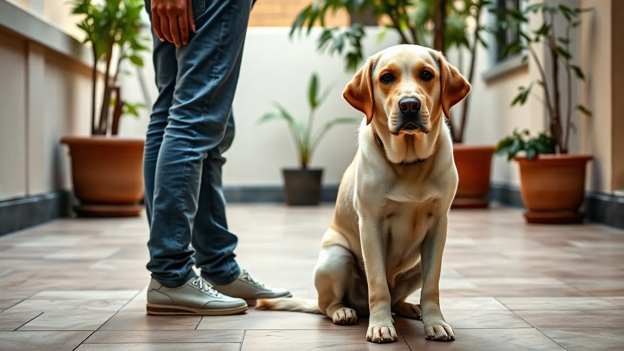 A yellow Labrador sits on command in a Bengaluru courtyard, one of the smartest dog breeds in India