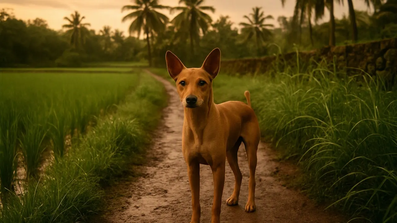 A fawn Indian Pariah dog stands alert on a muddy village path between paddy fields at monsoon dusk