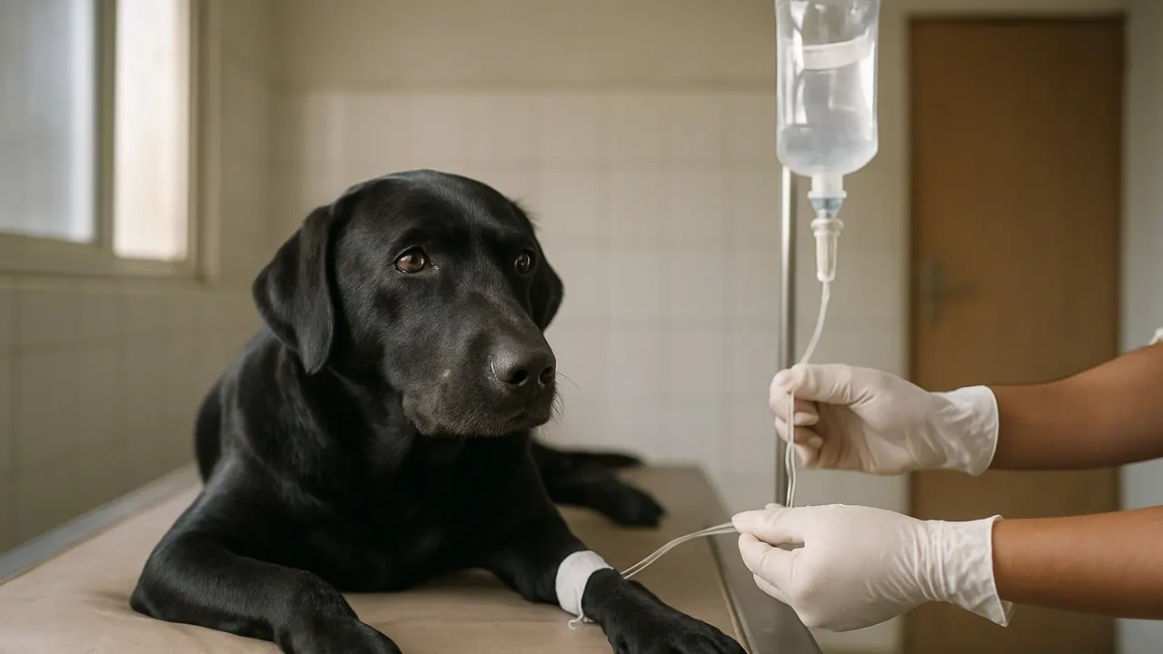 A calm black Labrador lies on a clinic table with an intravenous drip bandaged to its front leg