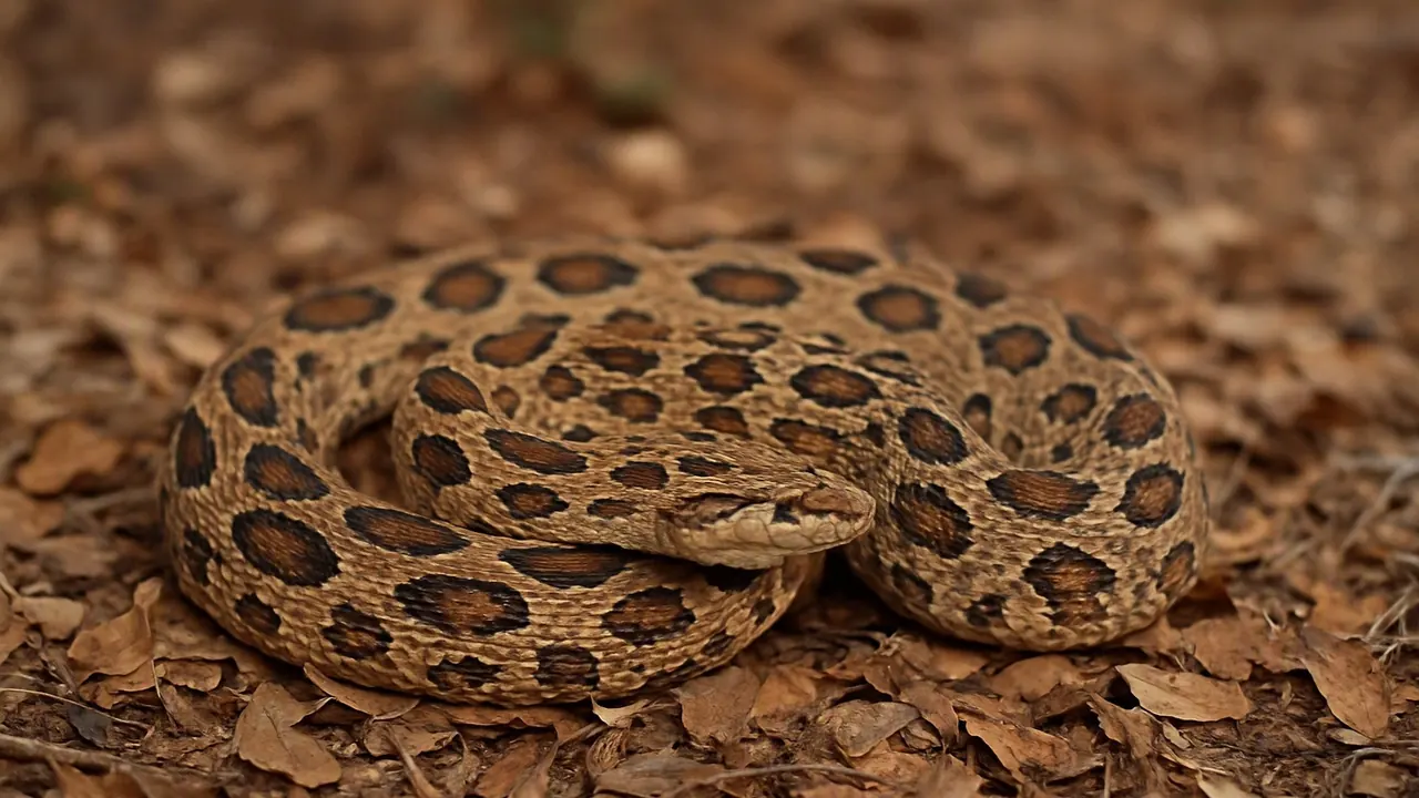 A Russell's viper with rows of dark oval spots lies coiled in dry brown leaf litter on a forest floor