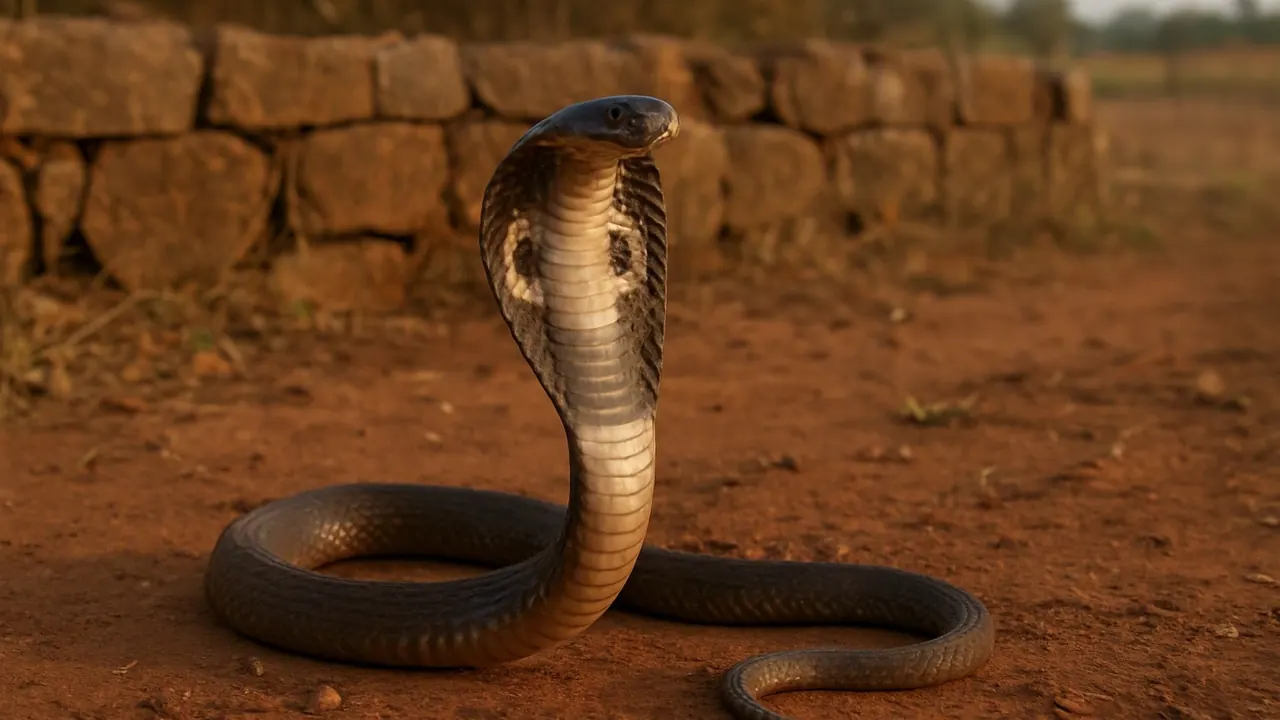 A spectacled cobra with its hood spread rises on dry red earth beside a stone farm wall