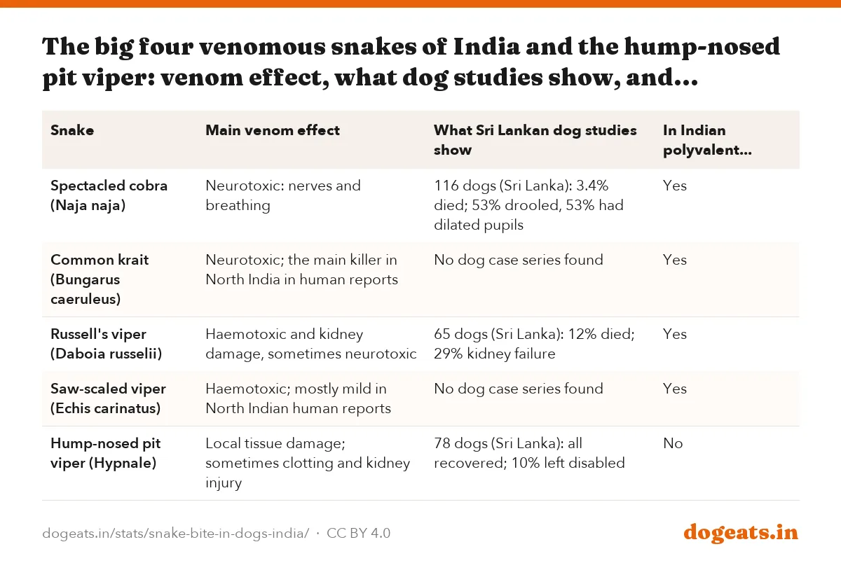 The big four venomous snakes of India and the hump-nosed pit viper: venom effect, what dog studies show, and antivenom cover