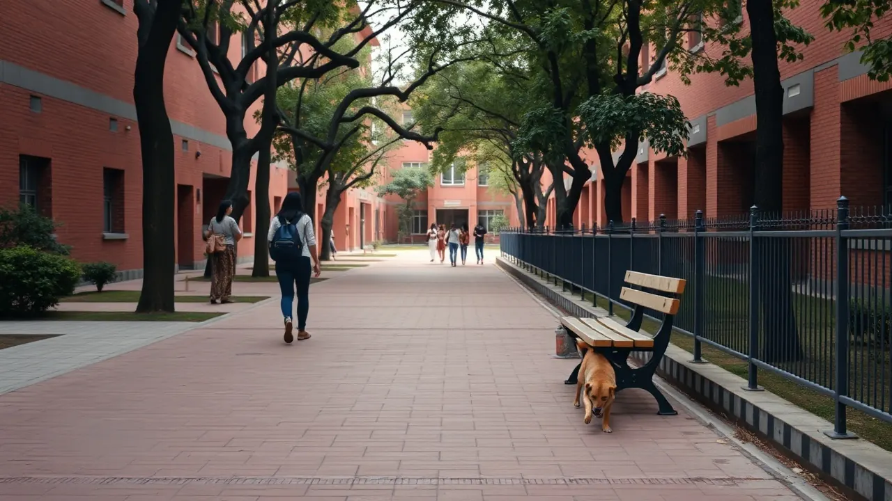 A community dog rests outside a university railing, where stray dog feeding rules in India limit campus feeding