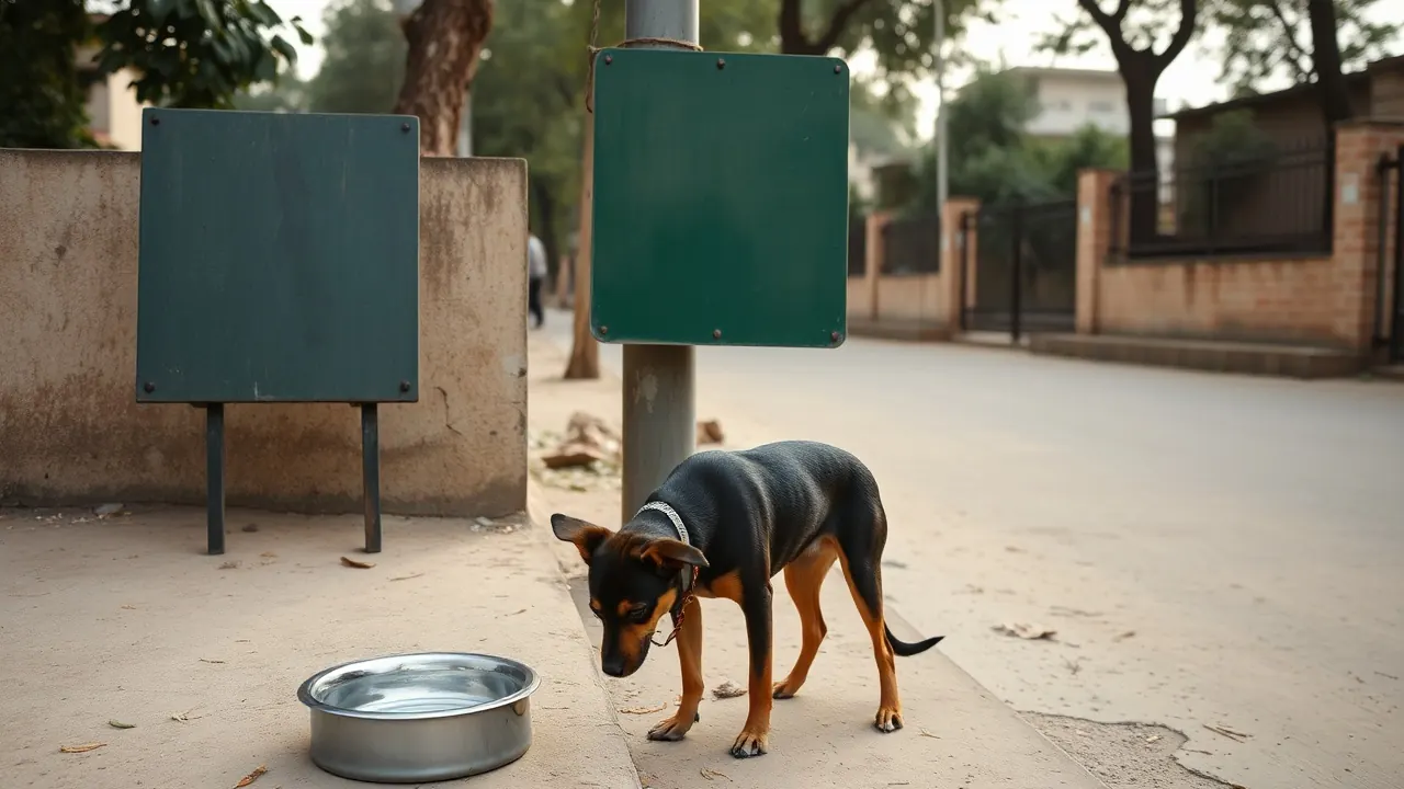 A community dog eats at a marked Delhi feeding corner, showing stray dog feeding rules in India