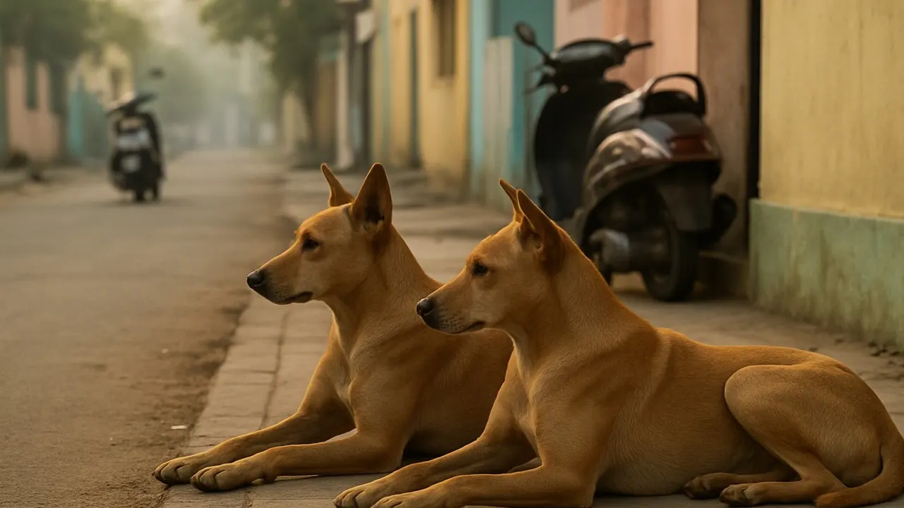 Two Indian street dogs rest on a footpath in a quiet lane, illustrating stray dog statistics India for 2026