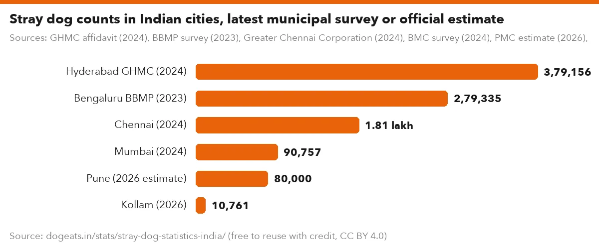 Stray dog counts in Indian cities, latest municipal survey or official estimate