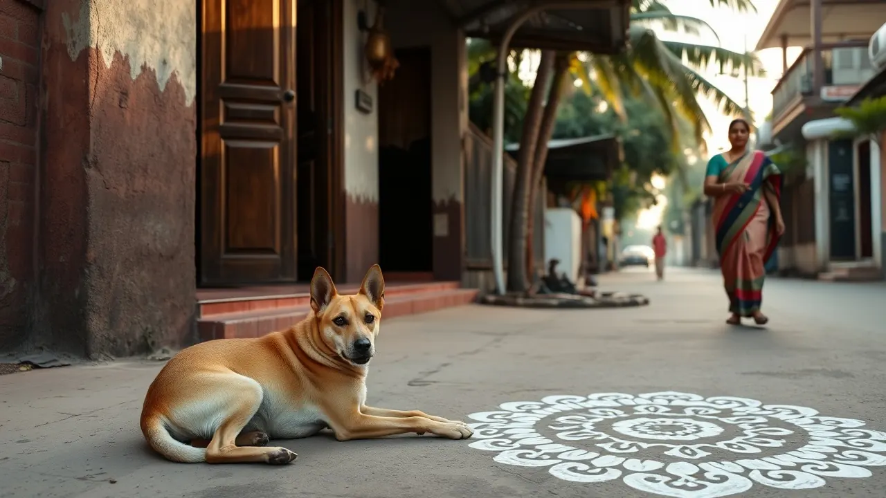 A calm fawn street dog lying beside a kolam-decorated doorway at sunrise, part of Chennai stray dogs data