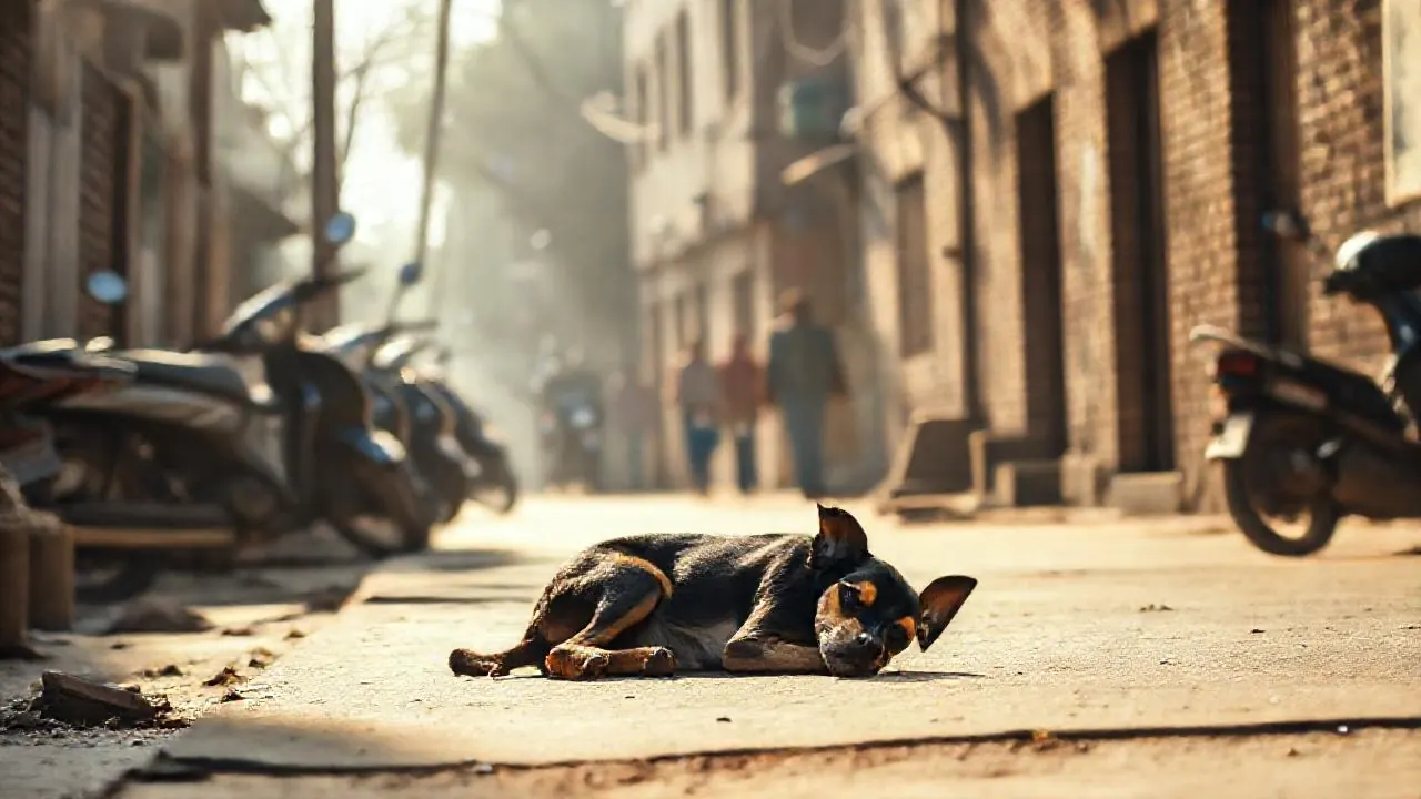 A street dog sleeping on a sunny Delhi lane, part of the debate over the stray dog population in Delhi