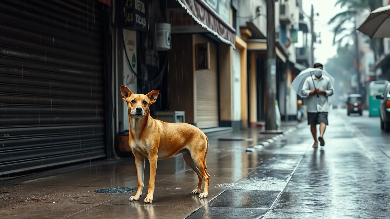 A brown street dog sheltering from monsoon rain under a shop awning, showing the stray dog population in Mumbai