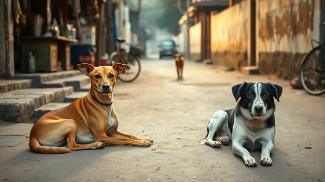 Two community dogs, one fawn and one black and white, rest on a quiet Indian lane in early morning light