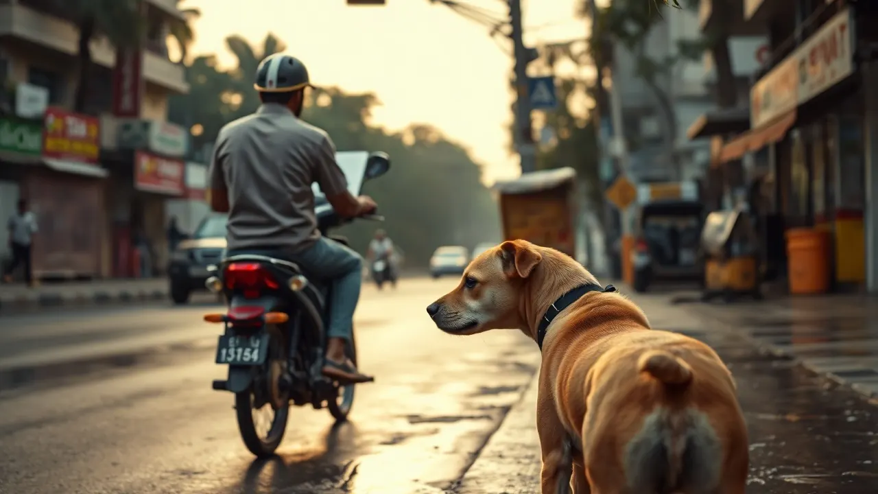 Surveyor on a two-wheeler at dawn counts a fawn community dog with an ear notch on a Mumbai street