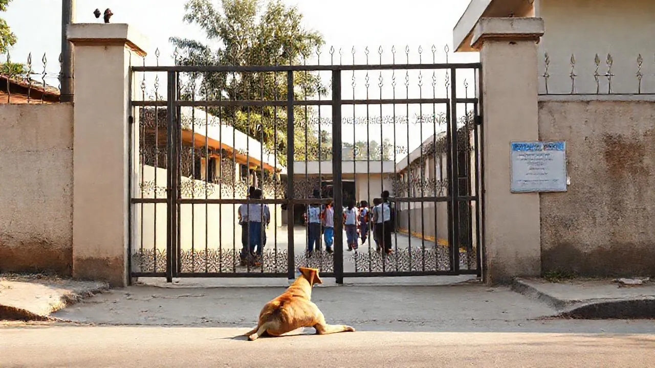 A calm community dog lies outside a fenced school gate covered by the Supreme Court stray dogs order