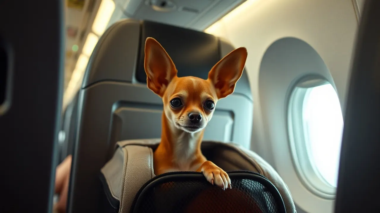 A small tan Chihuahua peeks out of a soft mesh carrier stowed under an airplane seat beside its owner's legs.