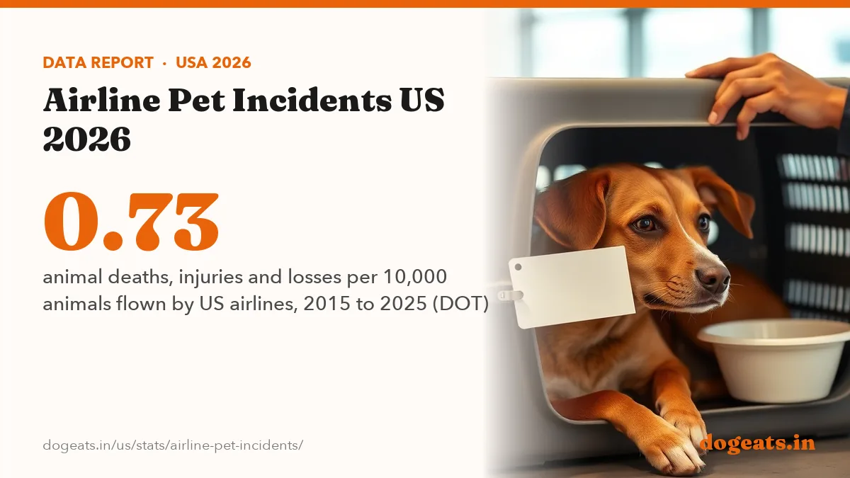 0.73 animal deaths, injuries and losses per 10,000 animals flown by US airlines, 2015 to 2025 (DOT)