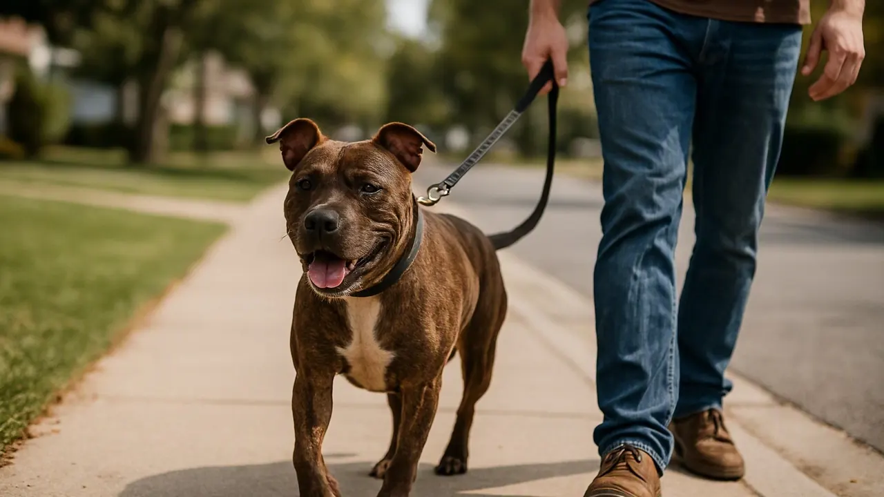 A brindle pit bull type dog walks on a loose leash beside its owner on a suburban sidewalk