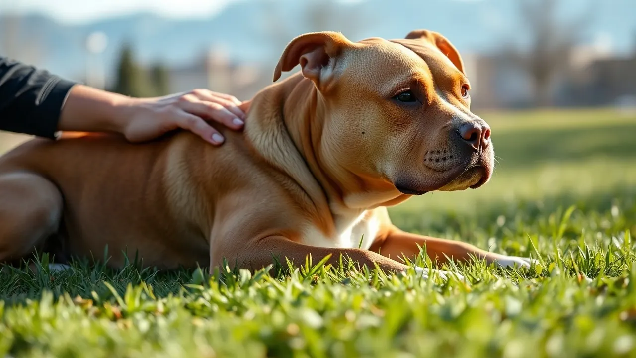 A fawn pit bull-type dog with folded ears lies on grass in a city park with mountains in the distance