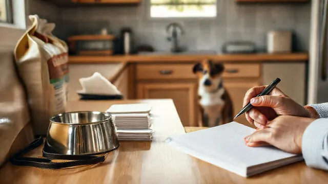 A mixed-breed dog sits by a kitchen counter with dog food, a bowl and a leash while an owner writes in a notebook.