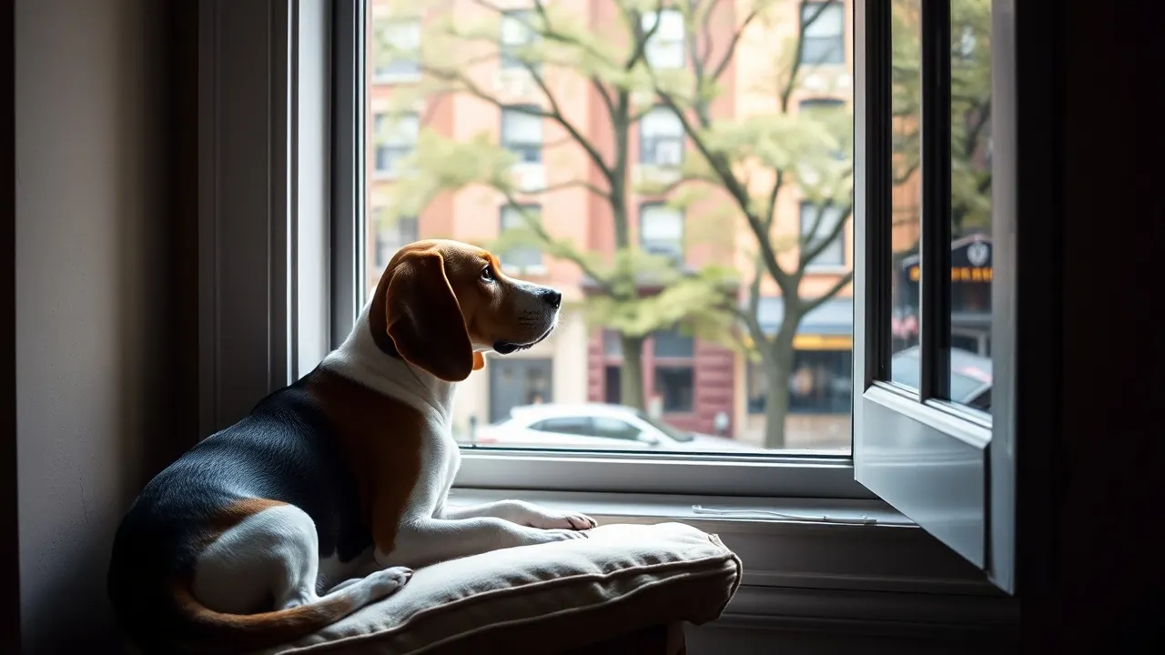 A beagle rests on a window seat in a Brooklyn brownstone, the setting behind many dog barking complaints