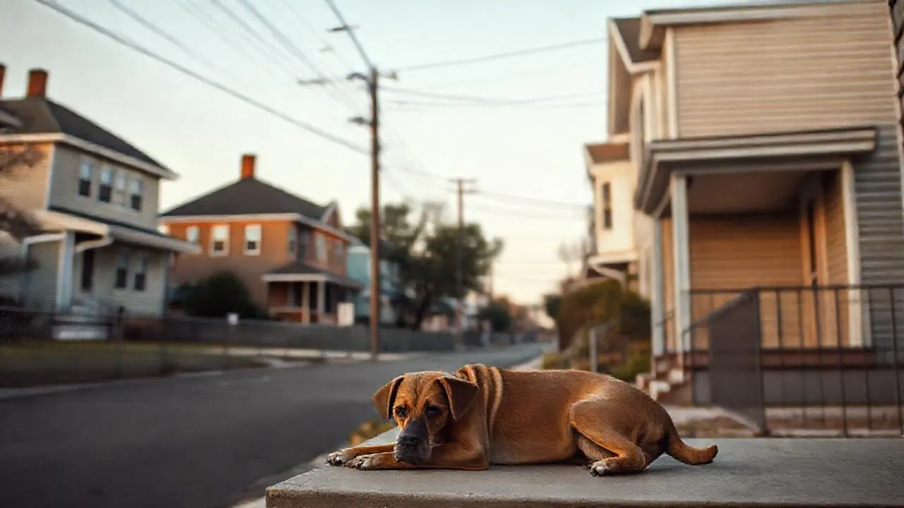 A brown dog lies on a Staten Island porch, the borough with the most dog barking complaints per resident
