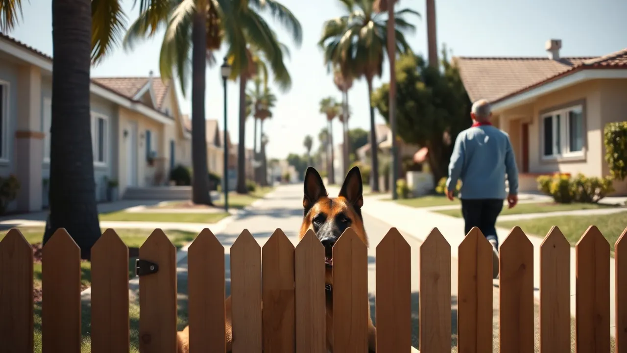 A German Shepherd rests behind a fence on a Los Angeles street, where barking dog complaints must be written