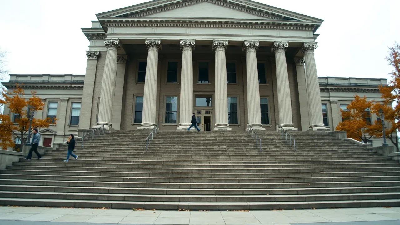 The columned exterior of a county courthouse in New York, where dog bite lawsuit settlement costs and claims are highest