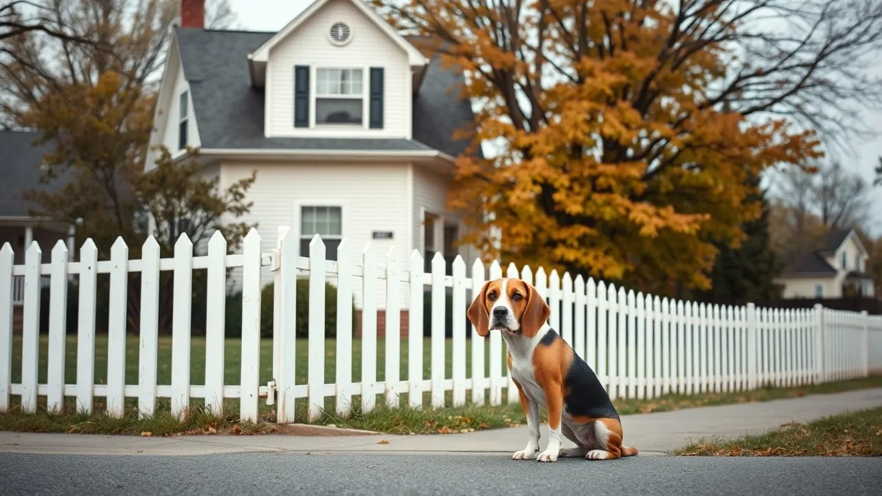 A calm beagle inside a fenced suburban front yard, a reminder of dog bite claims homeowners insurance covers