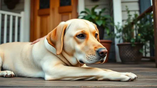 A relaxed yellow Labrador lies on a suburban porch while a child's hand rests on its back.