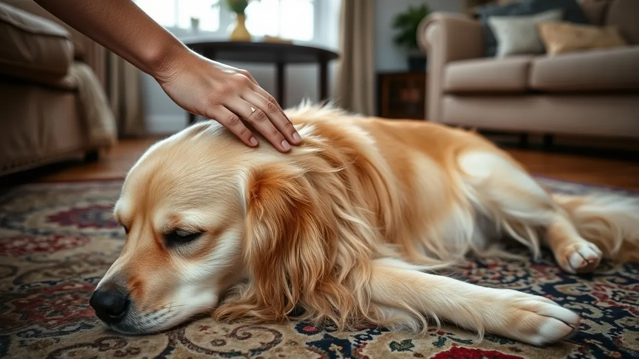 An adult's hand guides a child's hand to stroke the shoulder of a calm golden retriever.