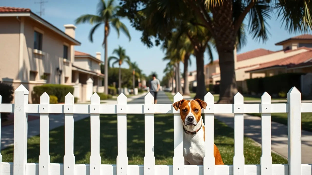 A calm brown and white dog sits behind a picket fence on a sunny suburban California street.