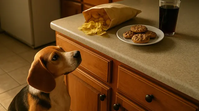 A beagle looks up at chips, chocolate chip cookies and a glass of soda on a kitchen counter