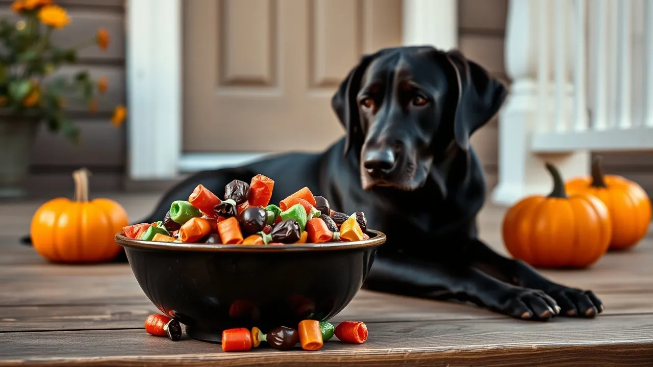Black Labrador lying on a porch near a bowl of wrapped Halloween candy and pumpkins