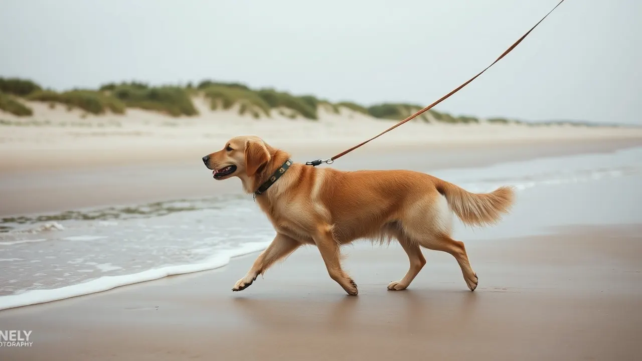 A leashed golden retriever trots along wet sand below grassy dunes on one of the dog-friendly beaches