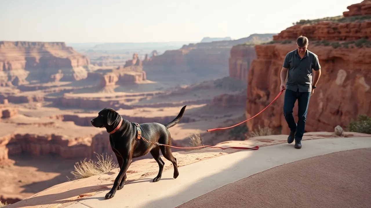 A leashed black Labrador walks a paved rim path above a red rock canyon in a dog-friendly national park