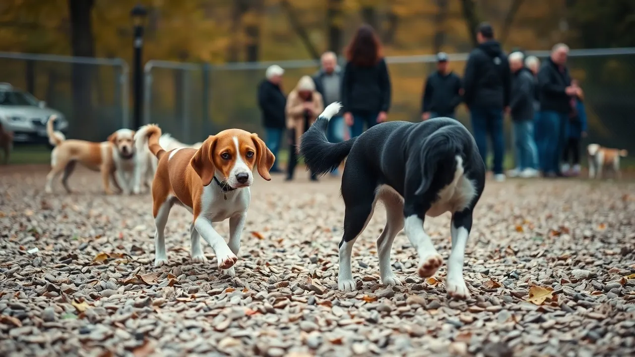 A beagle and a border collie play on wood chips in a fenced city dog park
