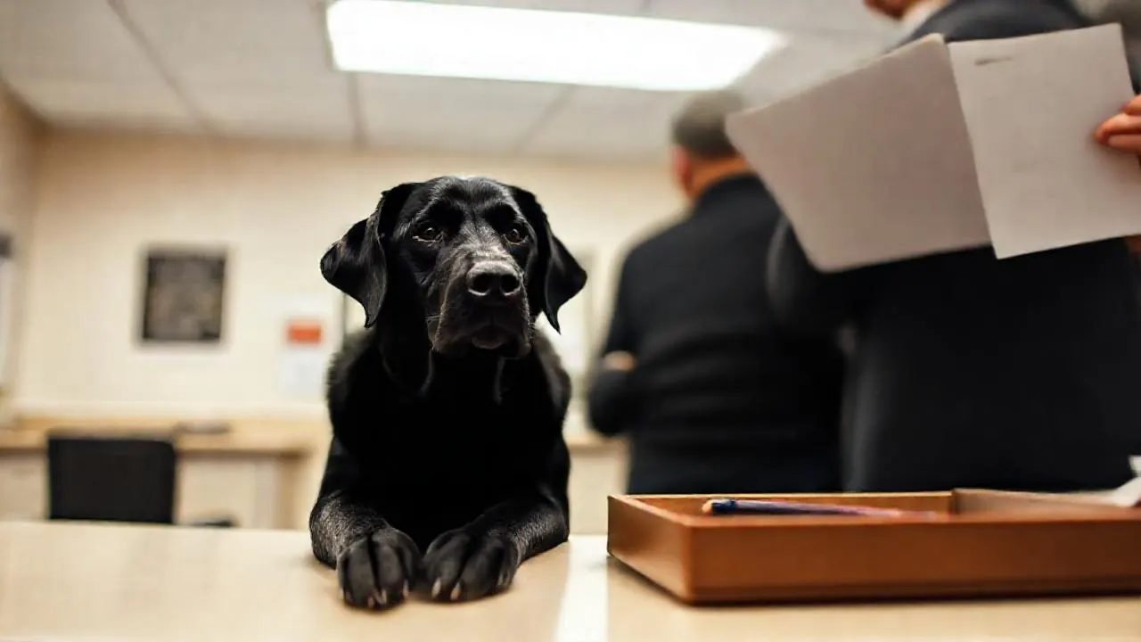 A black Labrador sits by its owner at an animal services counter, where dog license fees by city are paid