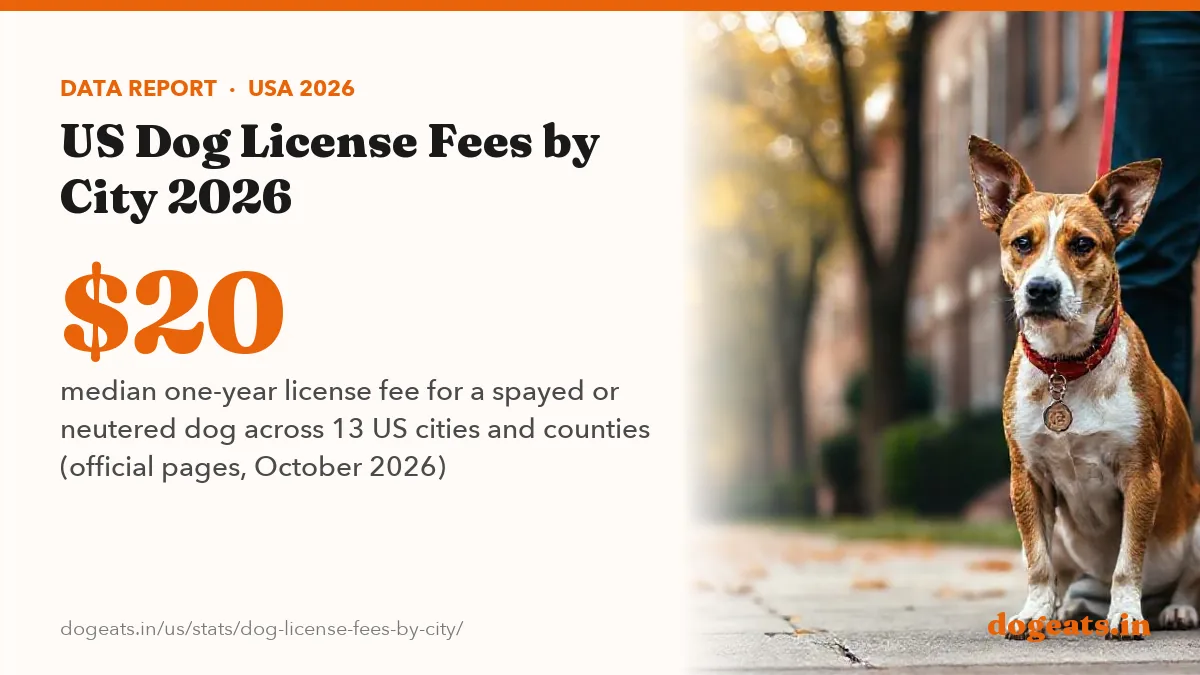 $20 median one-year license fee for a spayed or neutered dog across 13 US cities and counties (official pages, October 2026)
