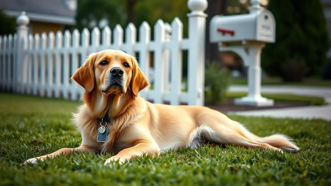 A golden retriever lies on a front lawn by a picket fence, two metal license tags on its collar