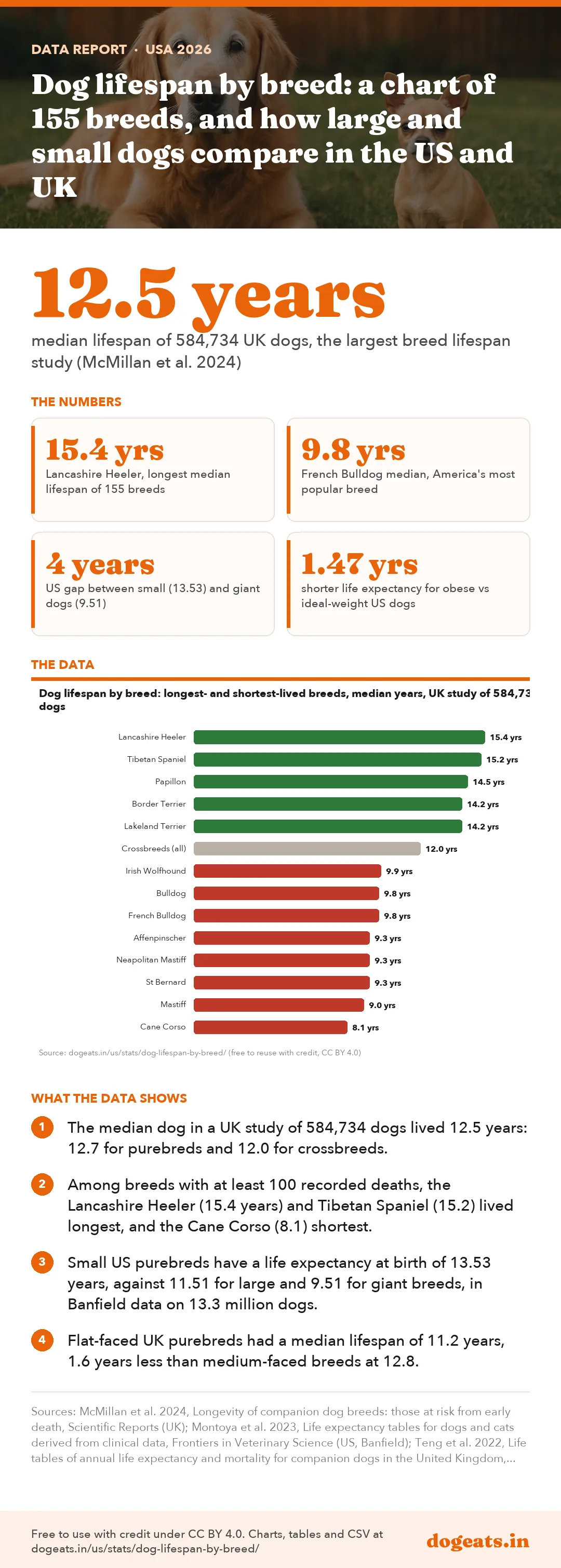 Infographic: Dog lifespan by breed: a chart of 155 breeds, and how large and small dogs compare in the US and UK
