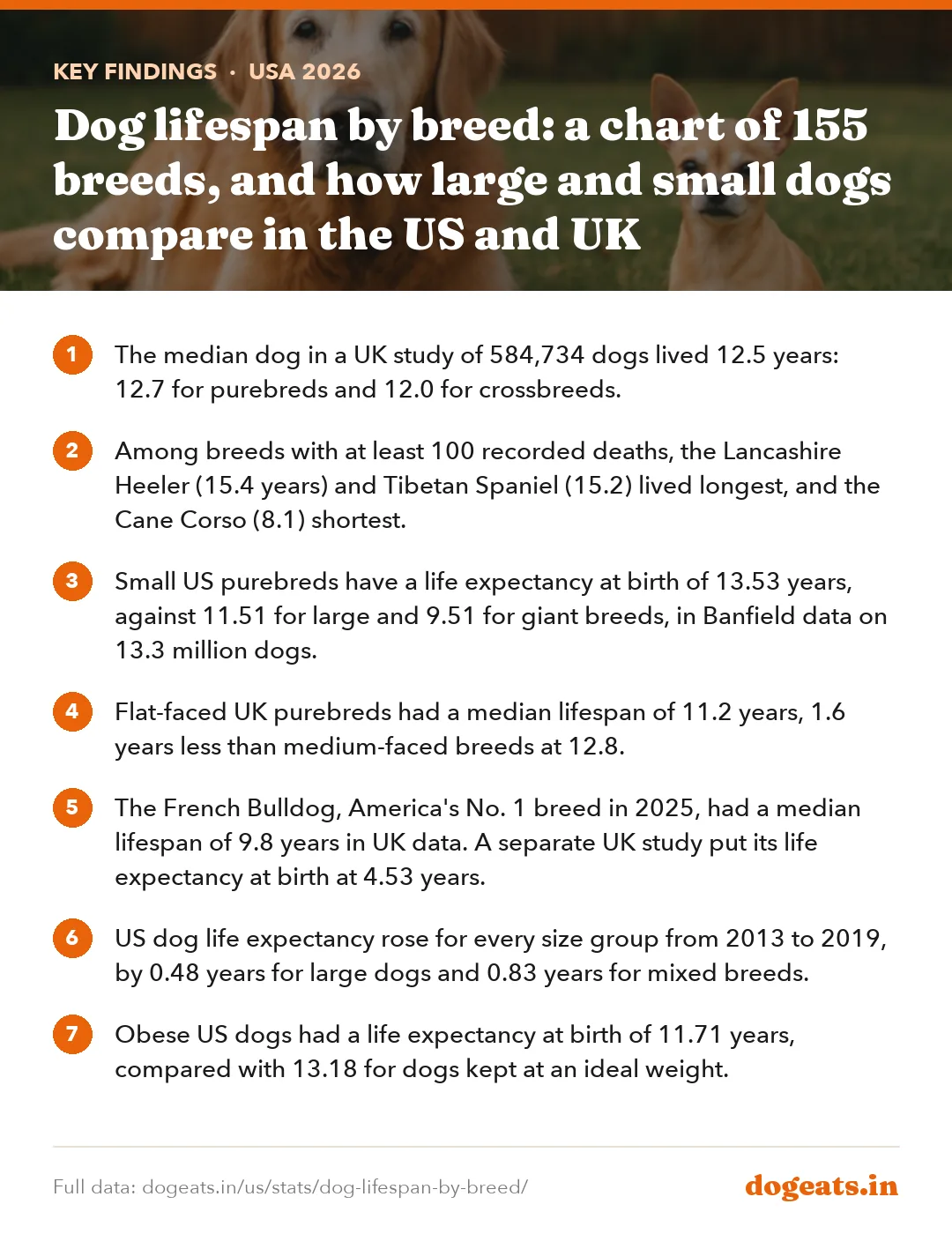 Key findings: Dog lifespan by breed: a chart of 155 breeds, and how large and small dogs compare in the US and UK
