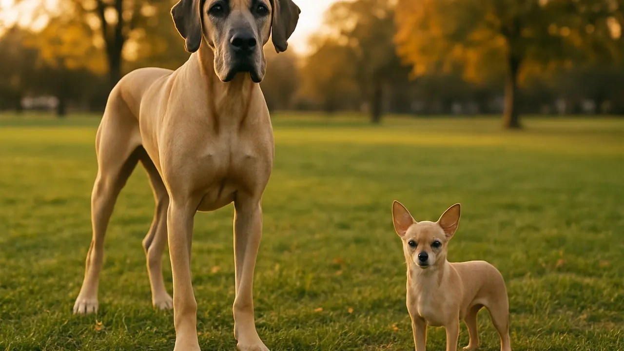 A Great Dane and a Chihuahua stand on a park lawn at golden hour, showing large vs small dog lifespan