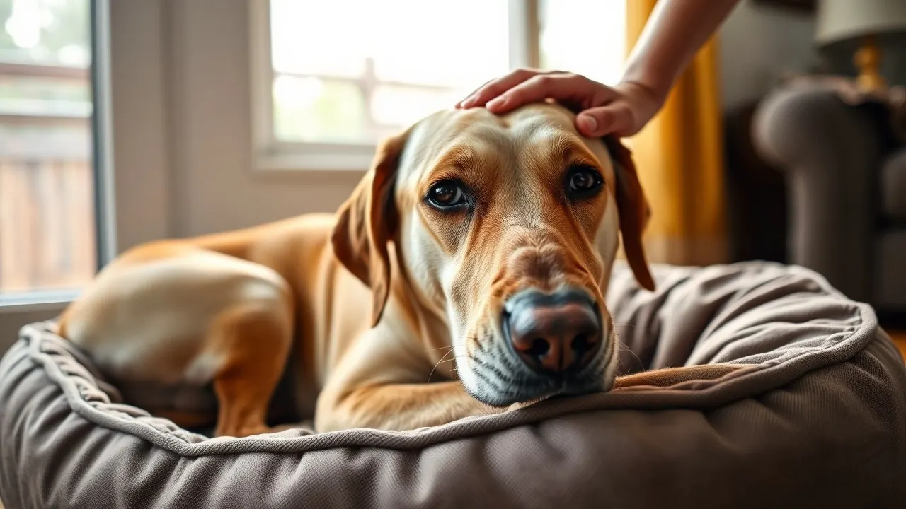 A gray-muzzled senior Labrador resting by a sunny window, reflecting longer dog lifespan in the US.