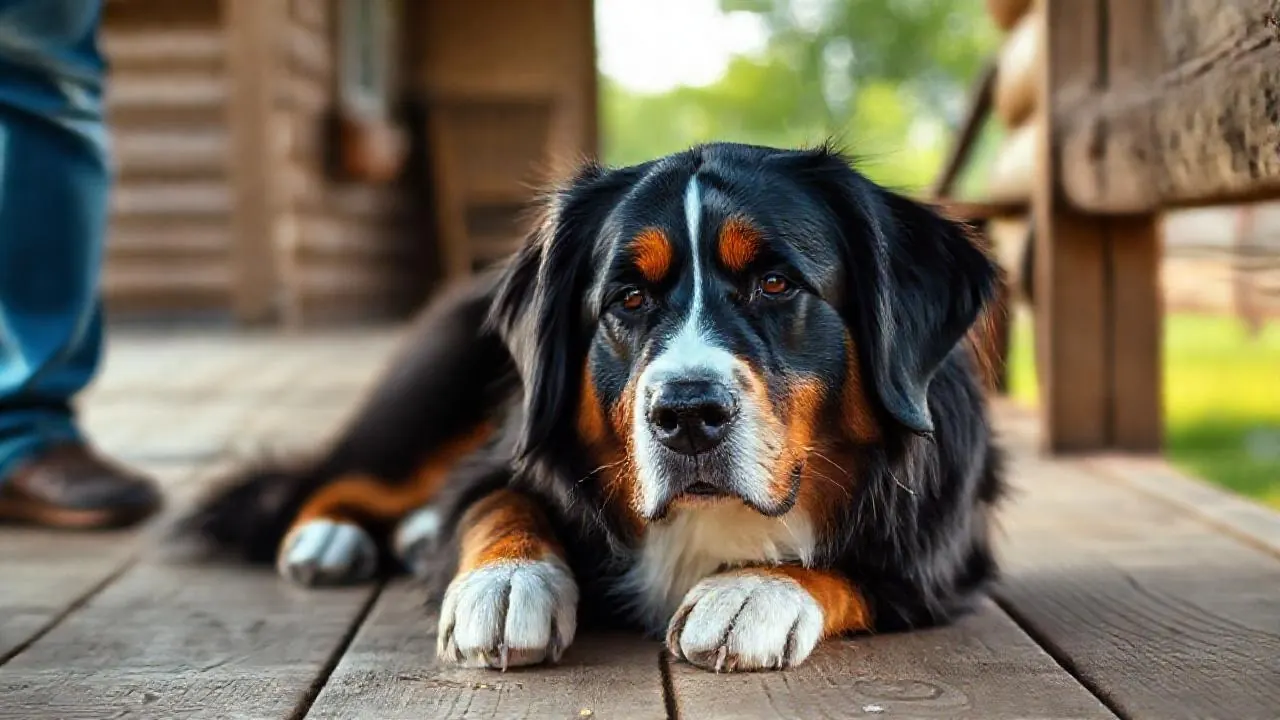 A Bernese Mountain Dog rests on a farmhouse porch, the breed with the highest dog cancer rate by breed